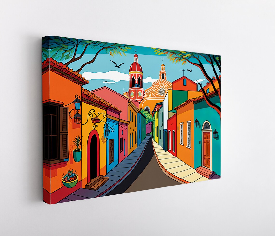 Mexican Village Painting, Colorful Mexican Wall Art - Image 3