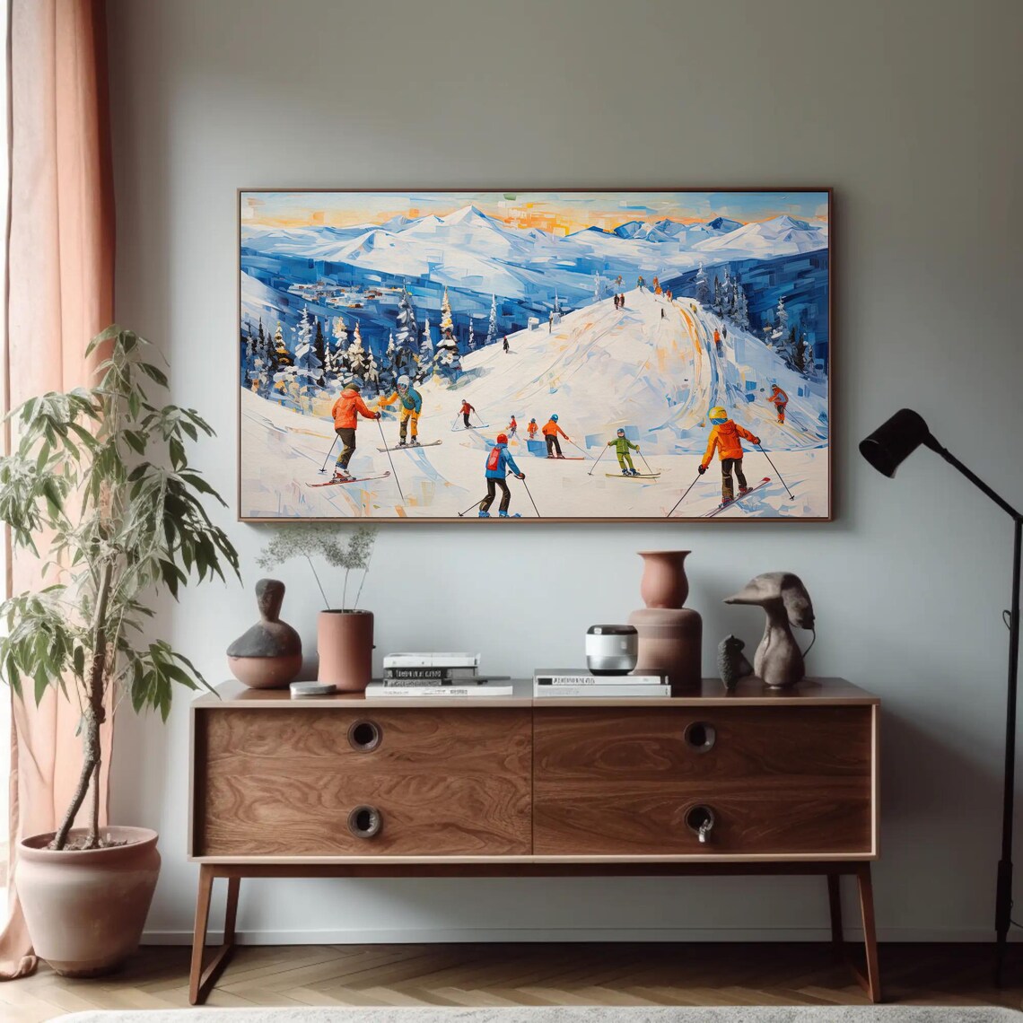 Skiers on Sunny Slopes Mountain Ski Resort Winter Scene Poster - Image 4
