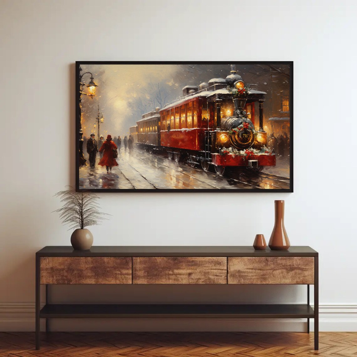 Red Vintage Train in a Snowy Christmas Station Scene Art Poster - Image 3