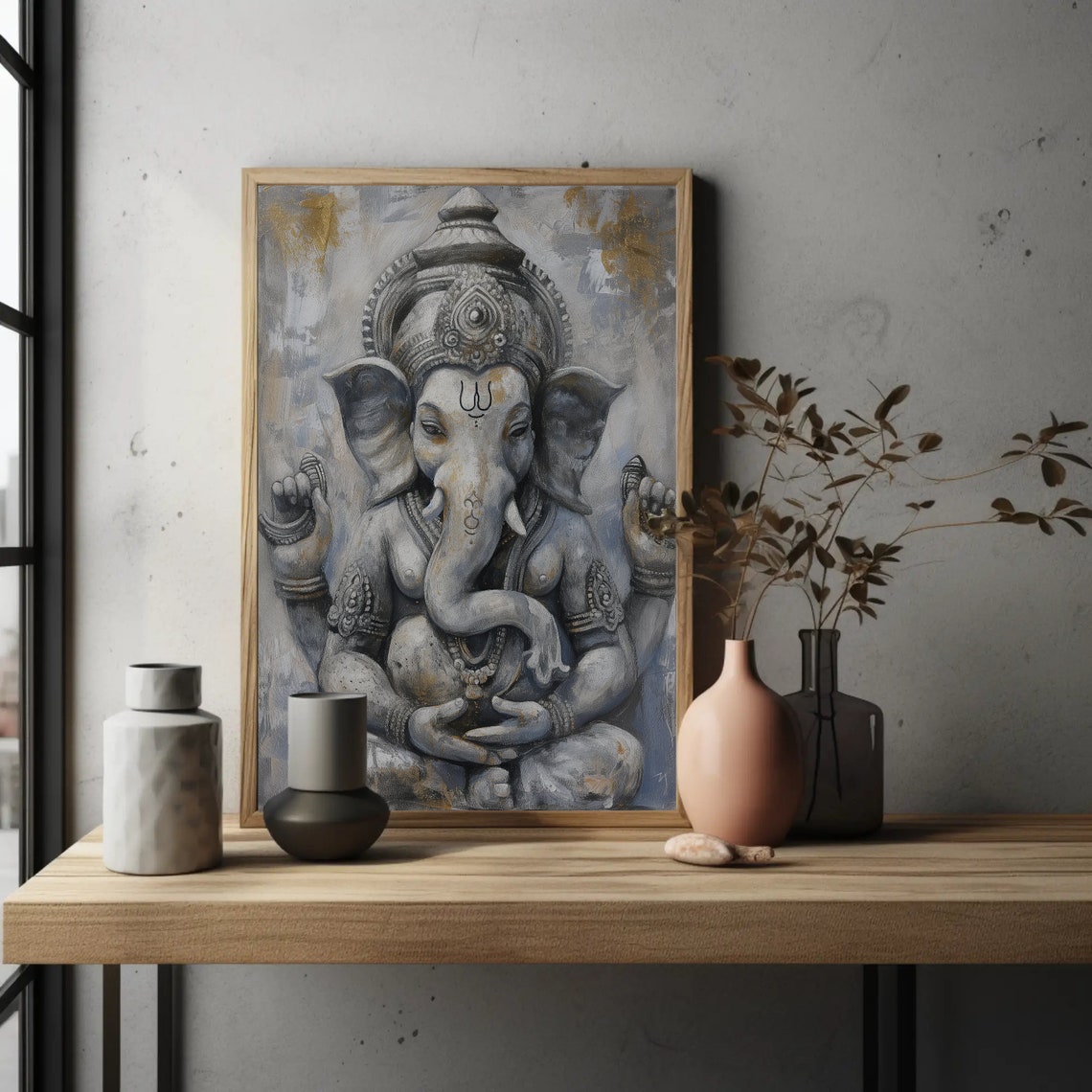 Lord Ganesha Seated Grey Gold Stone Statue Sacred Spiritual Poster - Image 2