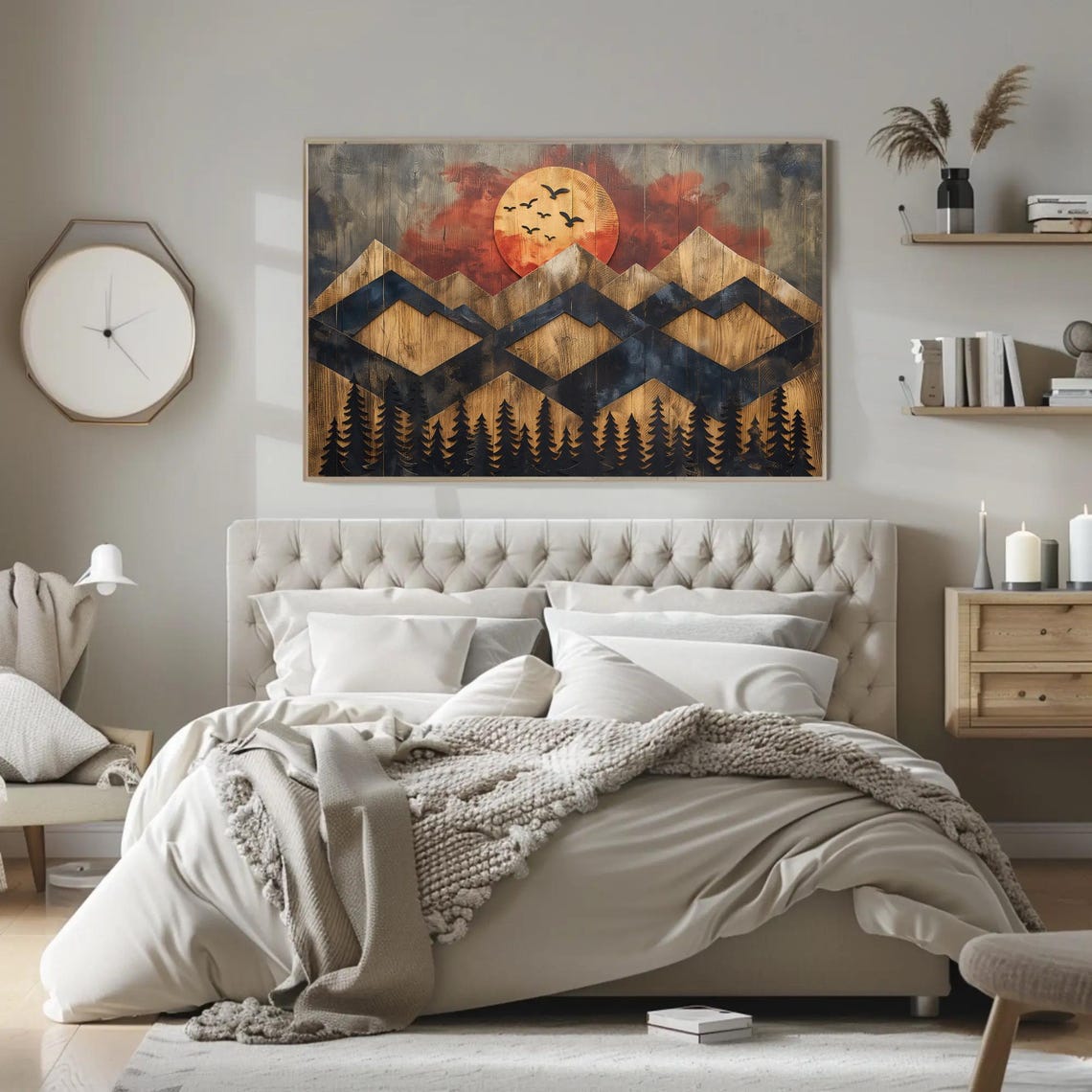 Rustic Sunset Mountain Wooden Effect Print Nature Inspired Wall Art Framed Landscape Decor For Living Room Bedroom Cabin - Image 2