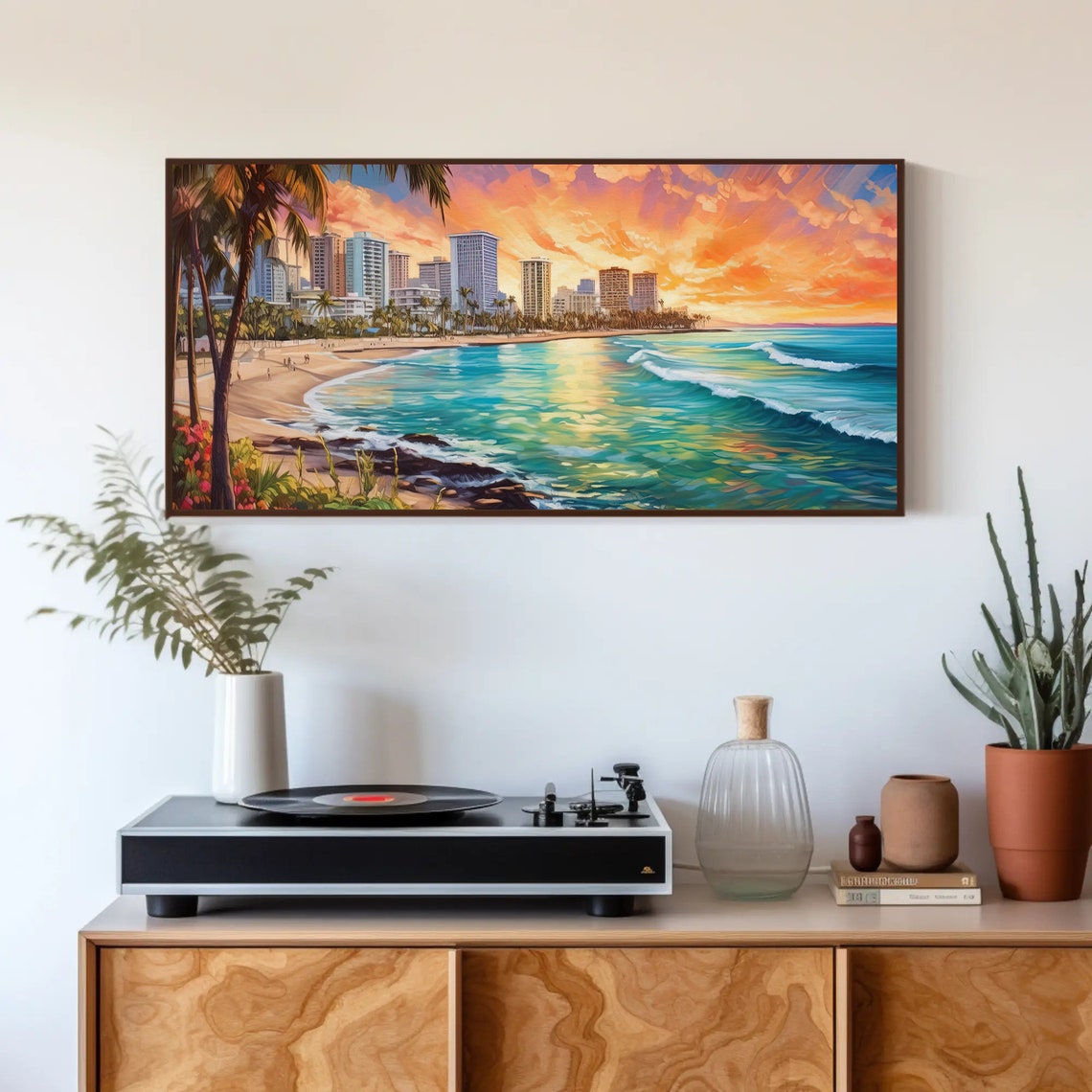 Honolulu Rocky Shore Sunset With Palm Trees and Flowers Poster - Image 2