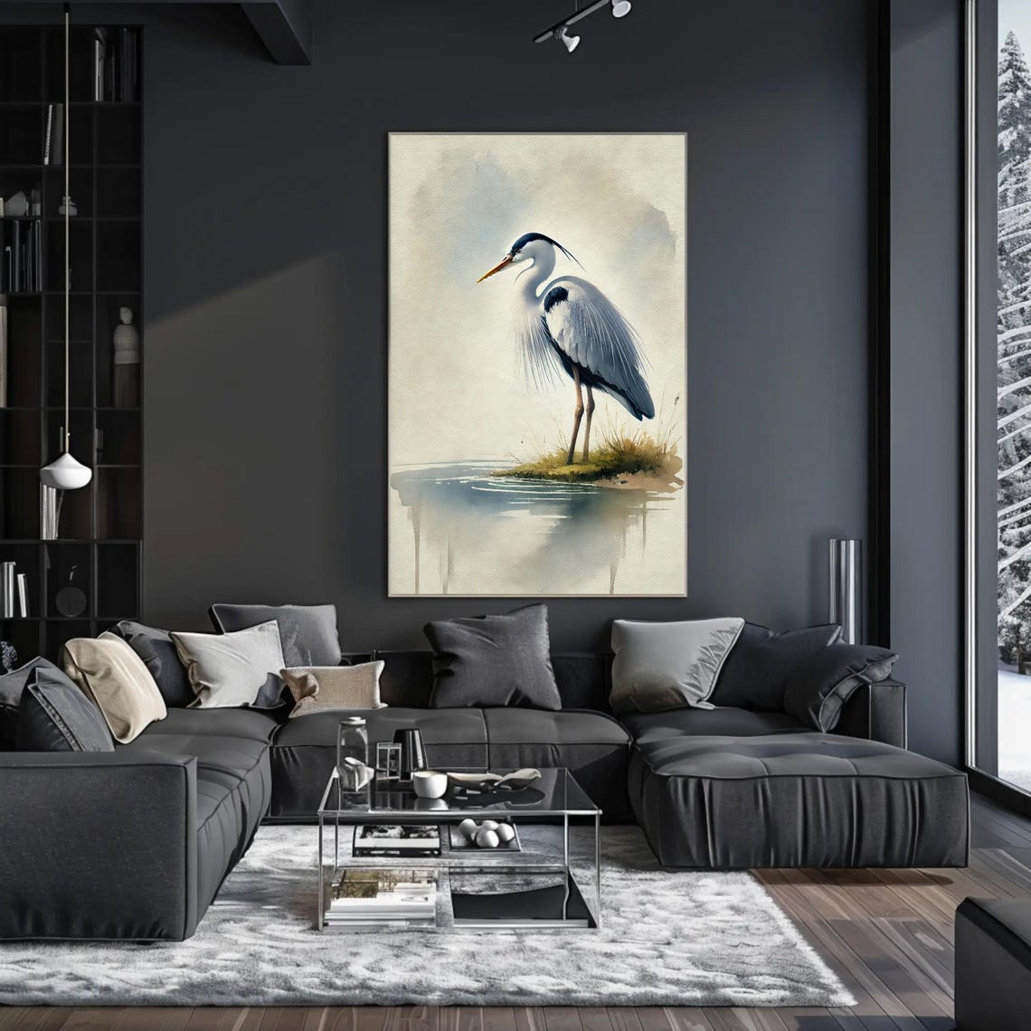 Solitary Grey Heron At Water Reflection Soft Watercolor Poster - Image 2