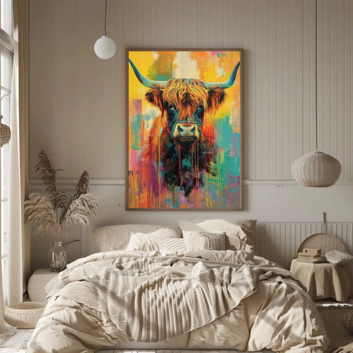 Colorful Highland Cow Portrait Poster With Paint Drip Style Art - Image 3