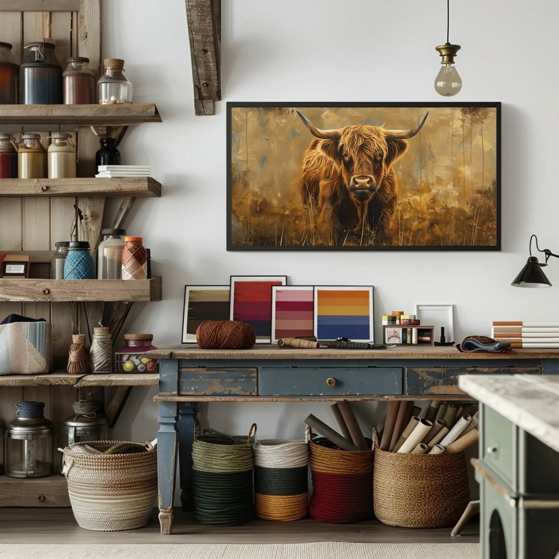 Scottish Highland Cow In Golden Field Rustic Portrait Poster - Image 3