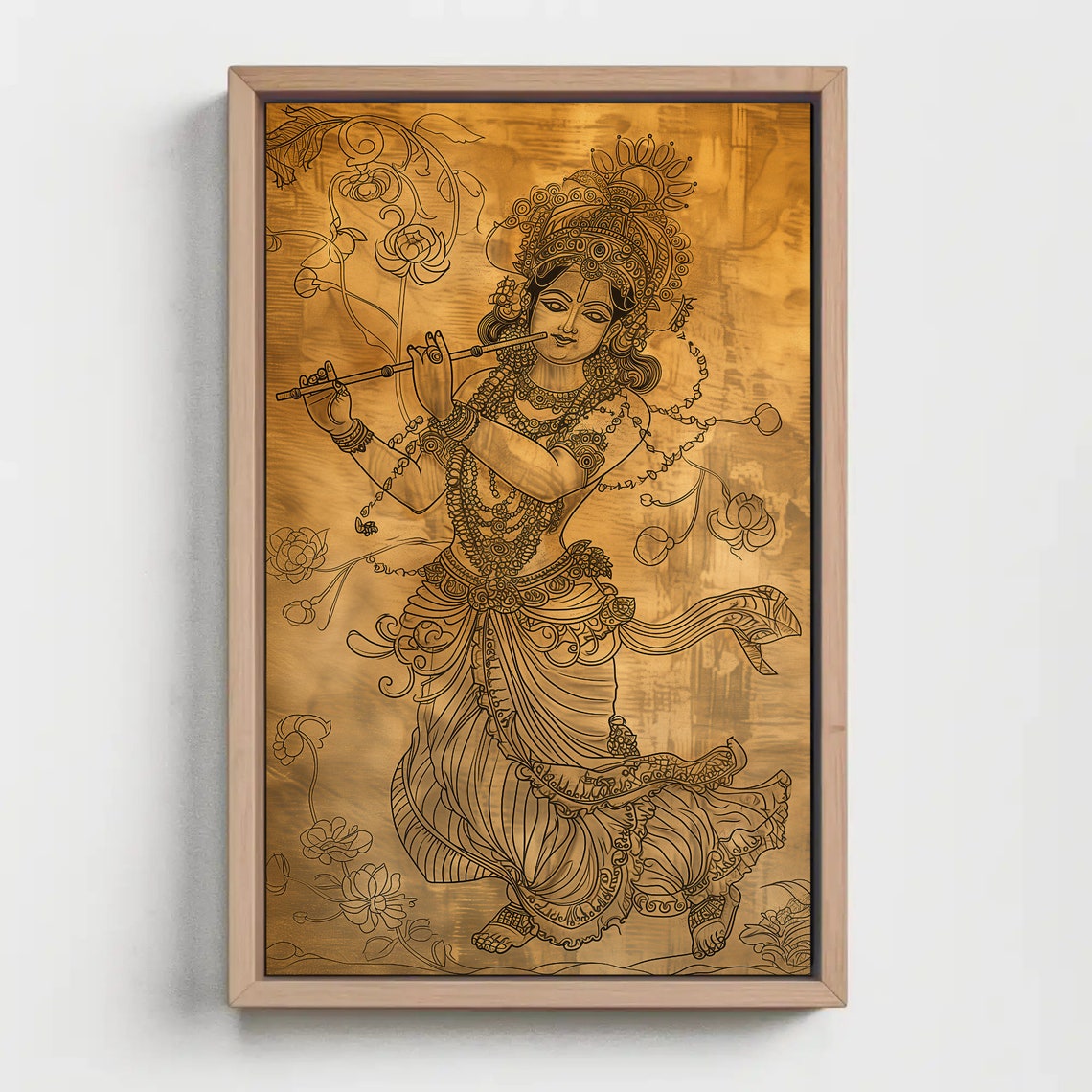 Lord Krishna Playing Flute Gold Line Art Hindu God Wall Poster - Image 4