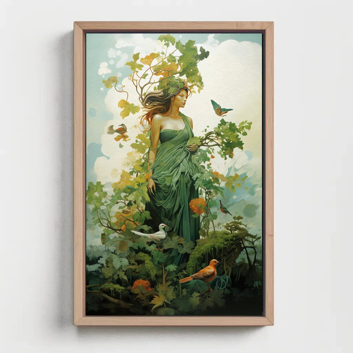 Forest Nymph in Flowing Green Gown Among Vines and Songbirds Poster - Image 4