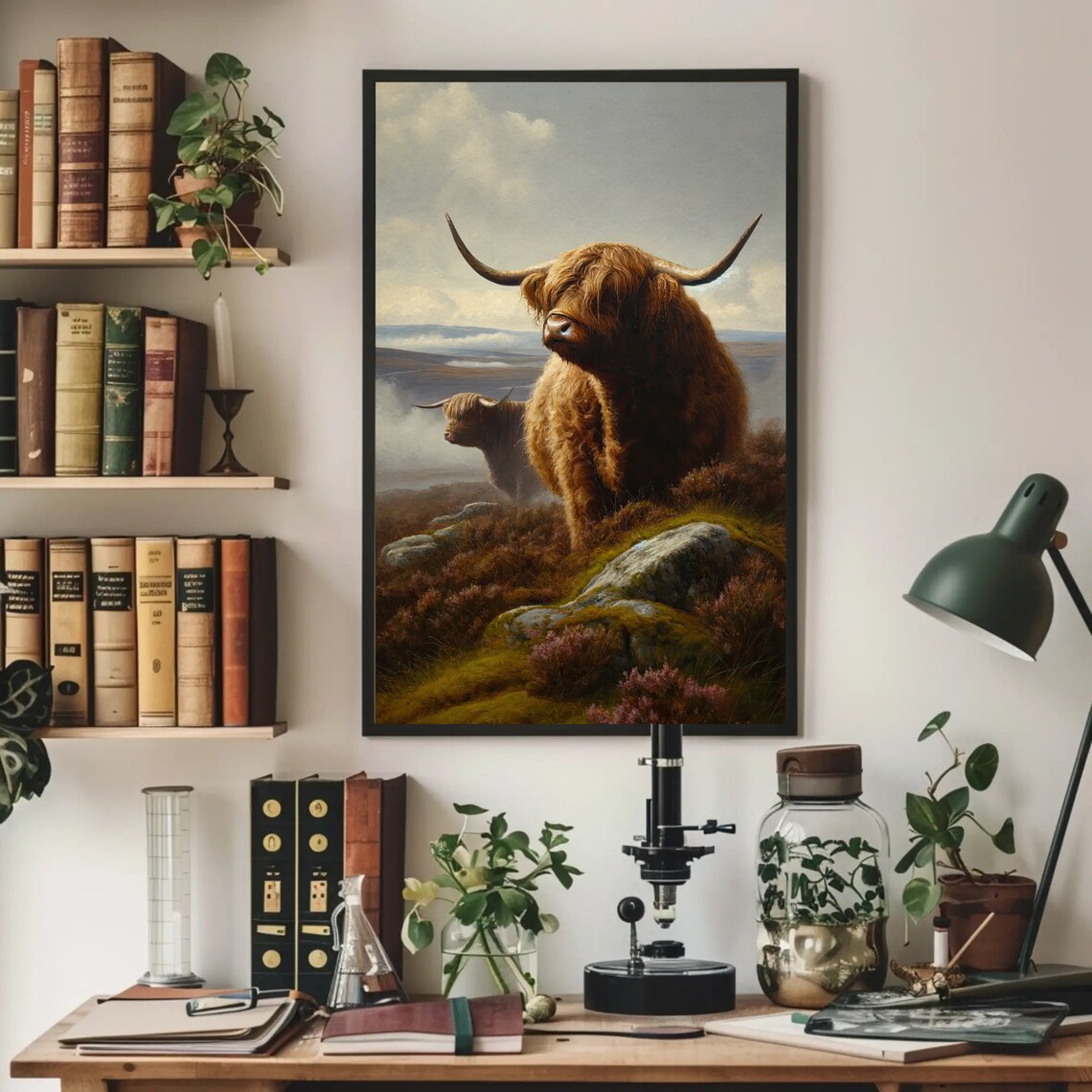 Highland Cow On Heather Hillside Misty Moorland Oil Painting Poster - Image 5