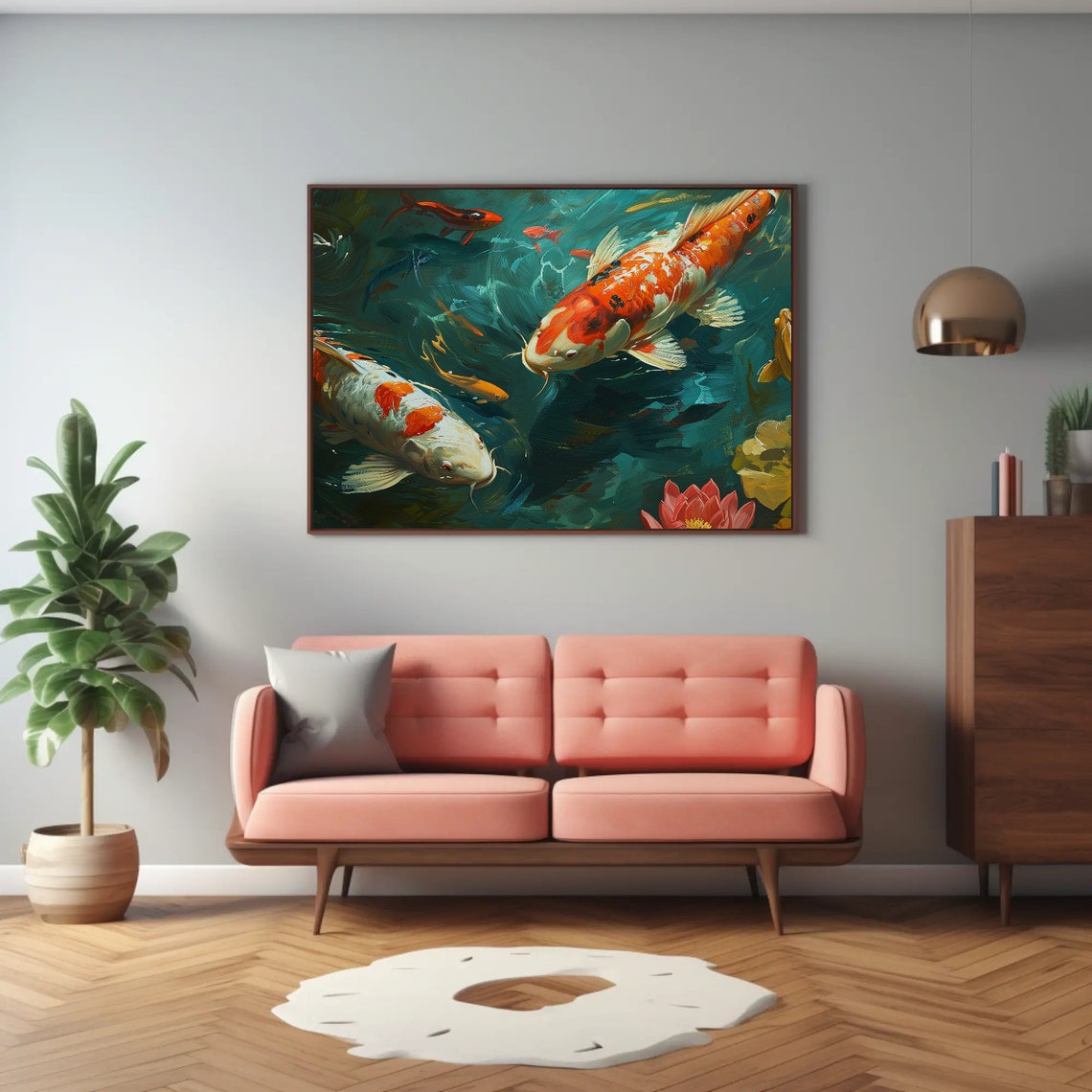 Lake House Decor Koi Fish In A Pond Painting Wall Art Housewarming Decor Koi Fish Wall Art Framed Unframed Ready To Hang - Image 2