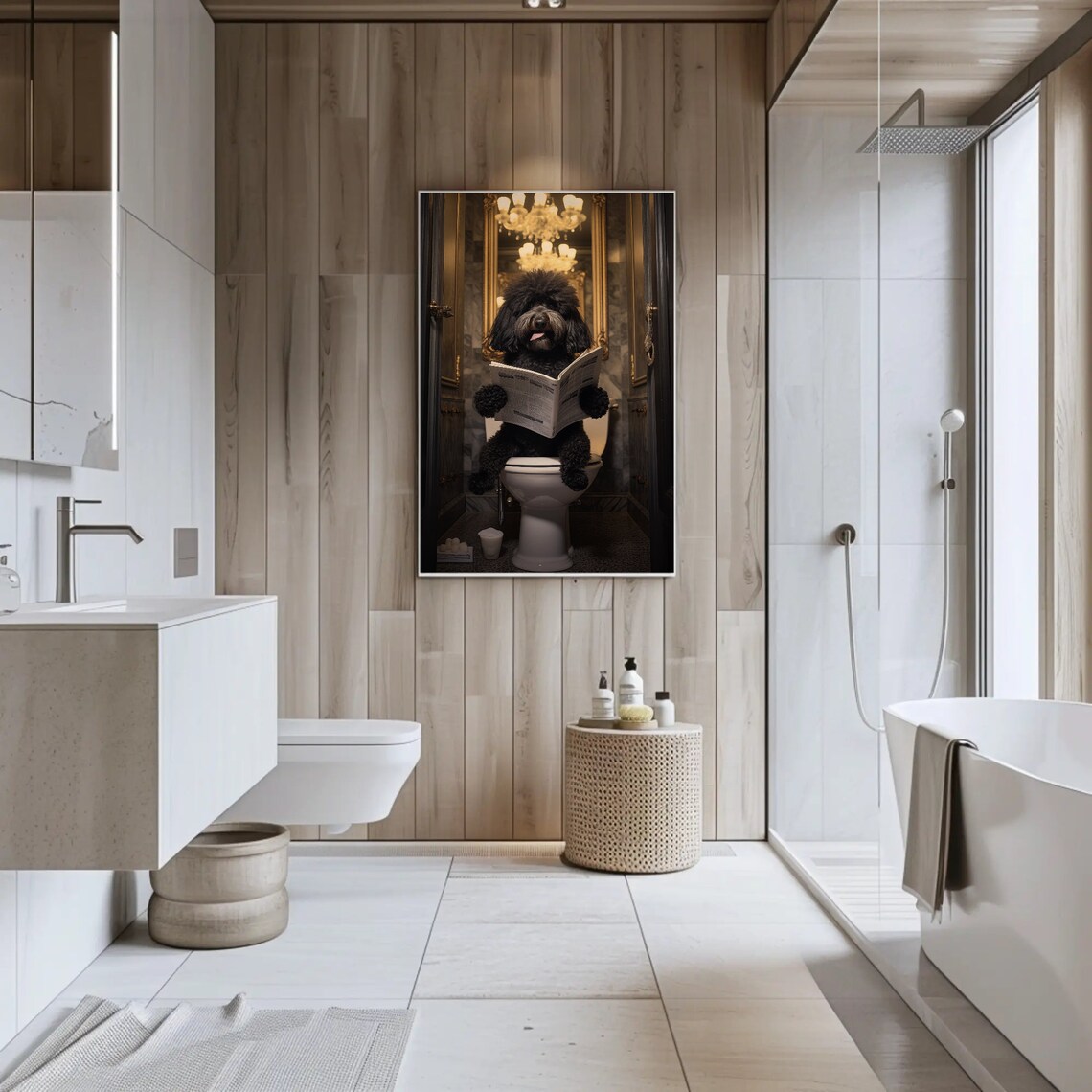 Funny Black Doodle Dog Reading a Newspaper on the Toilet Poster - Image 4