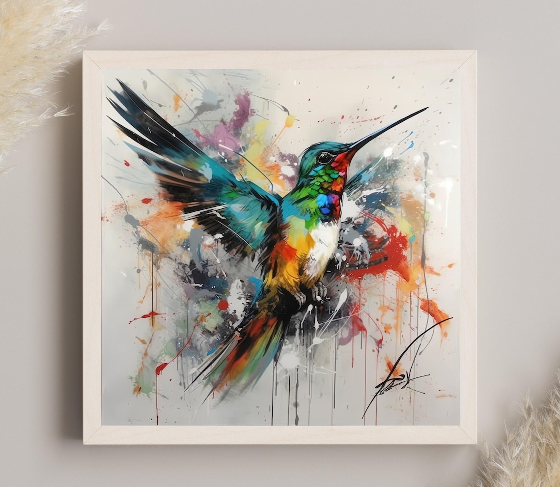 Colorful Hummingbird Watercolor Splash Bird Modern Art Poster