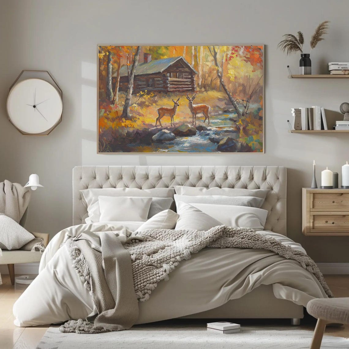 Log Cabin with Deer by an Autumn Stream in Golden Woods Poster - Image 2