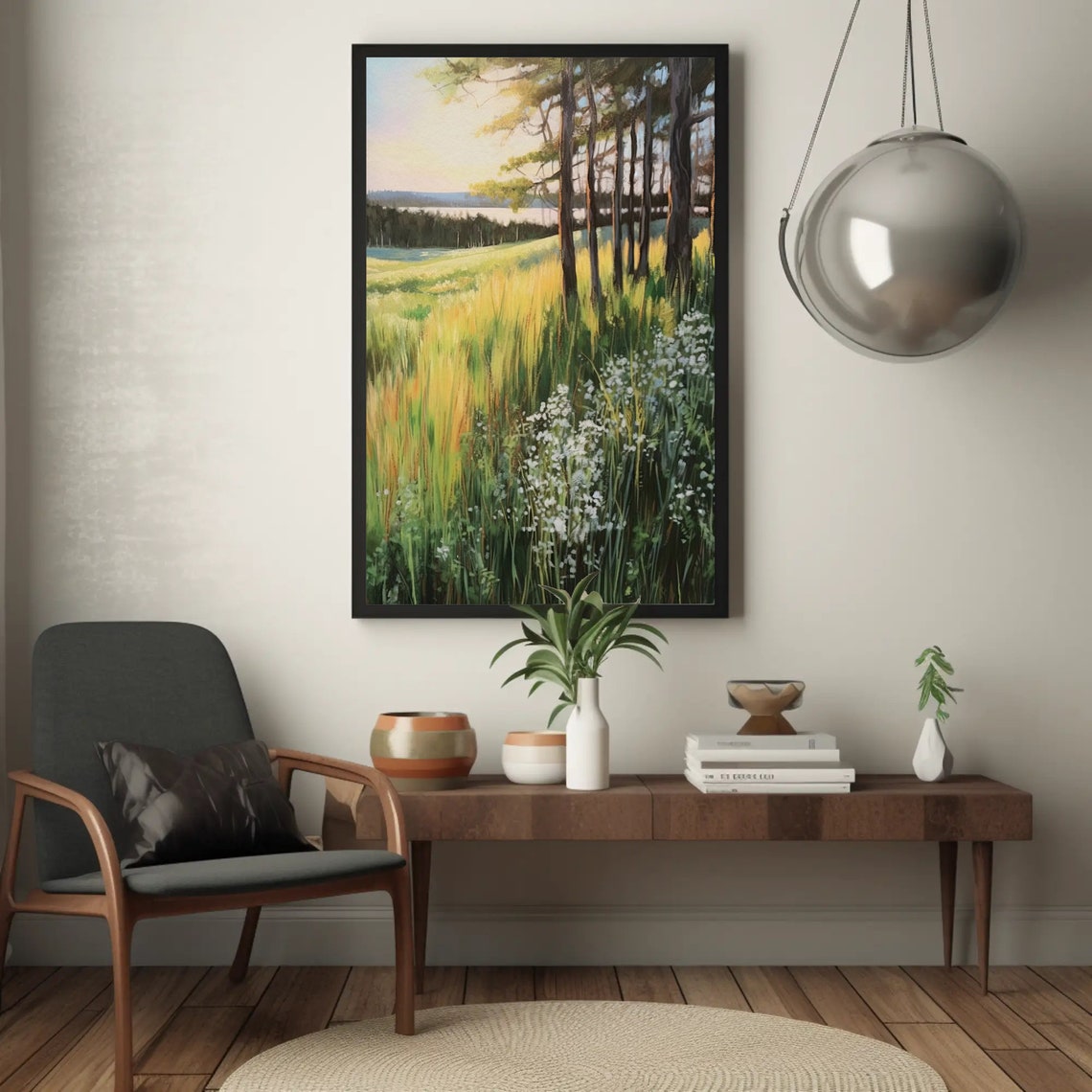 Spring Pine Forest Meadow With Lake Golden Landscape Art Poster - Image 5