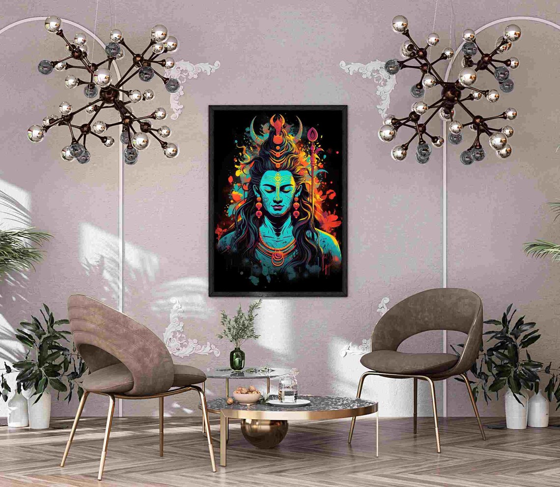 Shiva With Trident Neon Pop Art Cosmic Blue Night Portrait Poster - Image 3