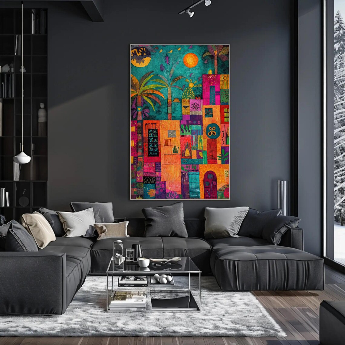 Colorful Mosaic Folk Art Town at Dusk with Sun and Moon Poster - Image 2