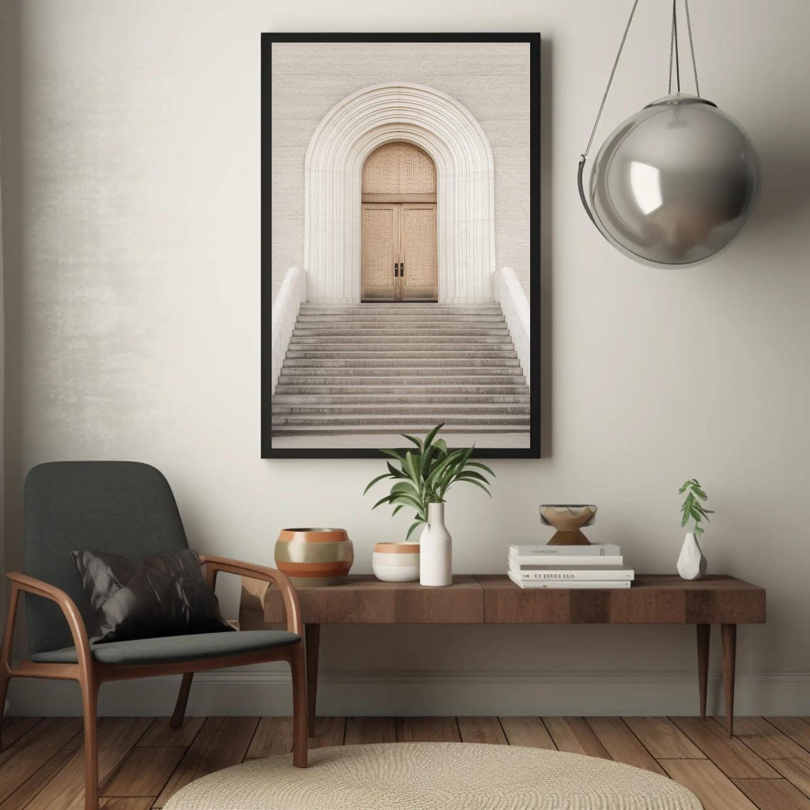 Grand White Arched Doorway And Stairs Minimalist Architecture Poster - Image 4