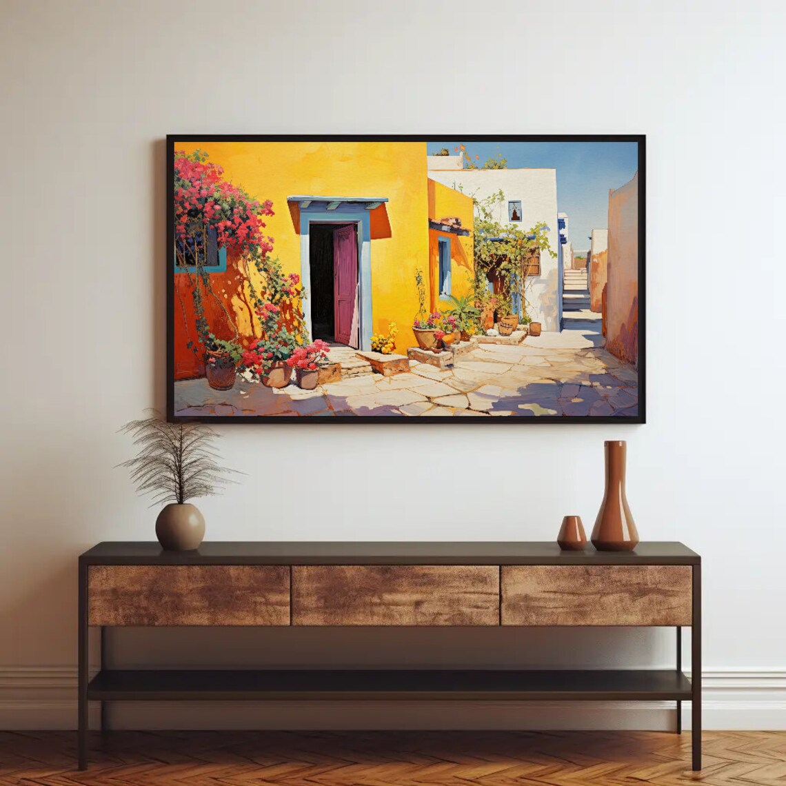 Colorful Mexican Street With Yellow House and Flowers Poster - Image 2