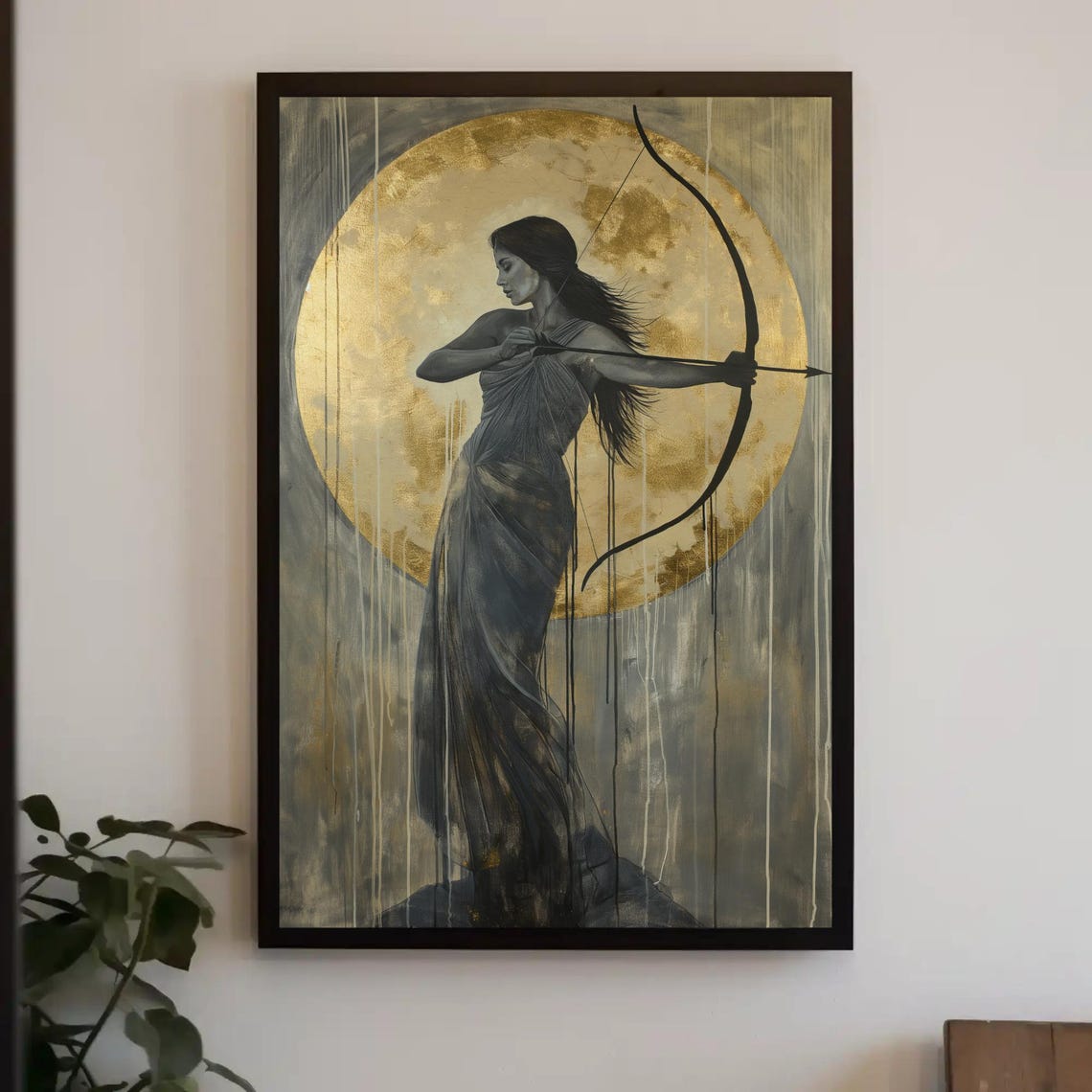 Artemis Drawing Her Bow Before A Glowing Golden Moon Art Poster