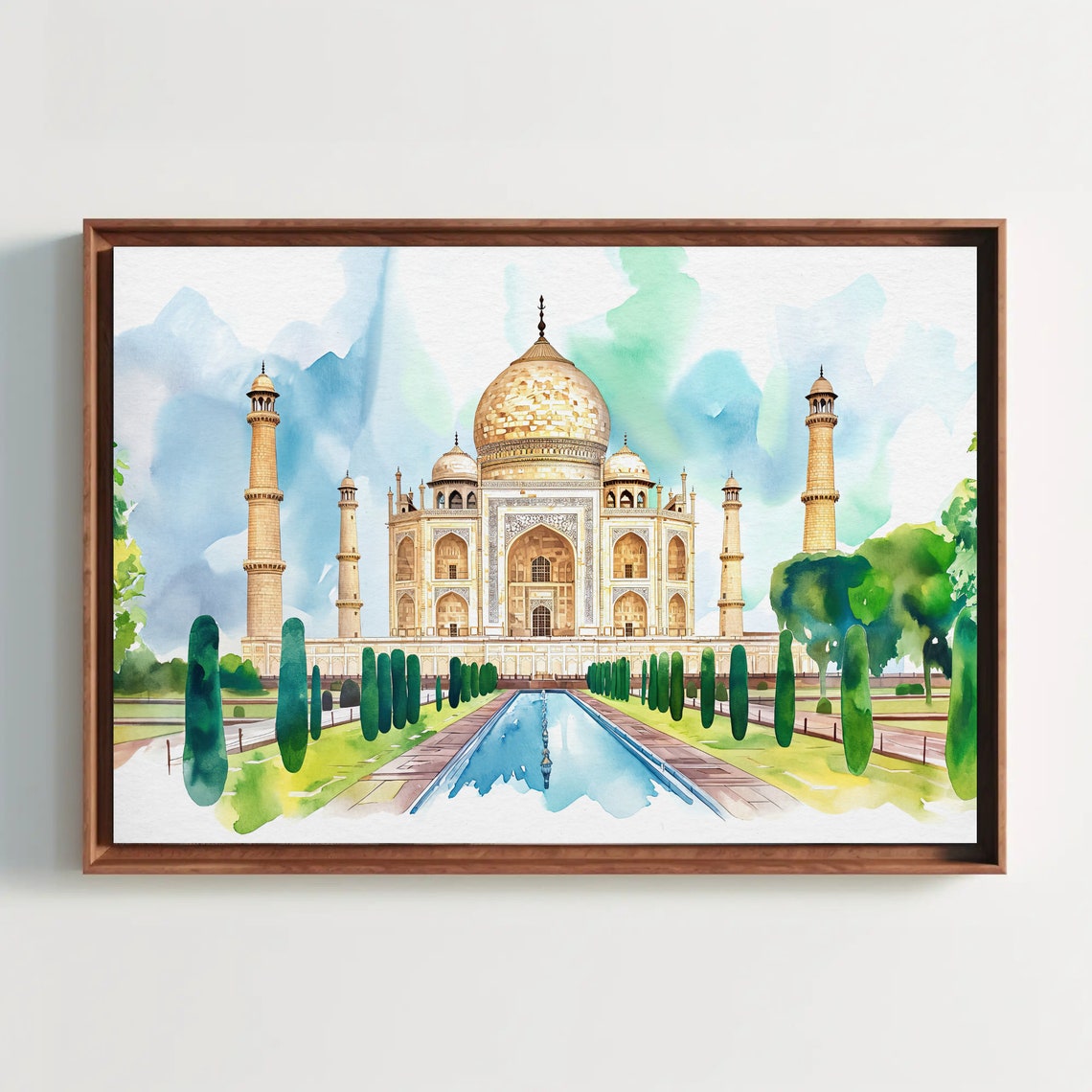 Taj Mahal with Reflecting Pool India Watercolor Landmark Poster
