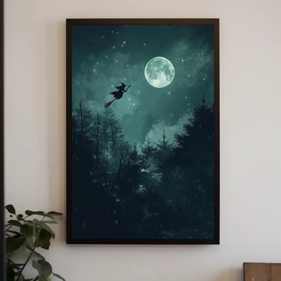 Witch Flying On Broomstick Past Full Moon Halloween Night Poster