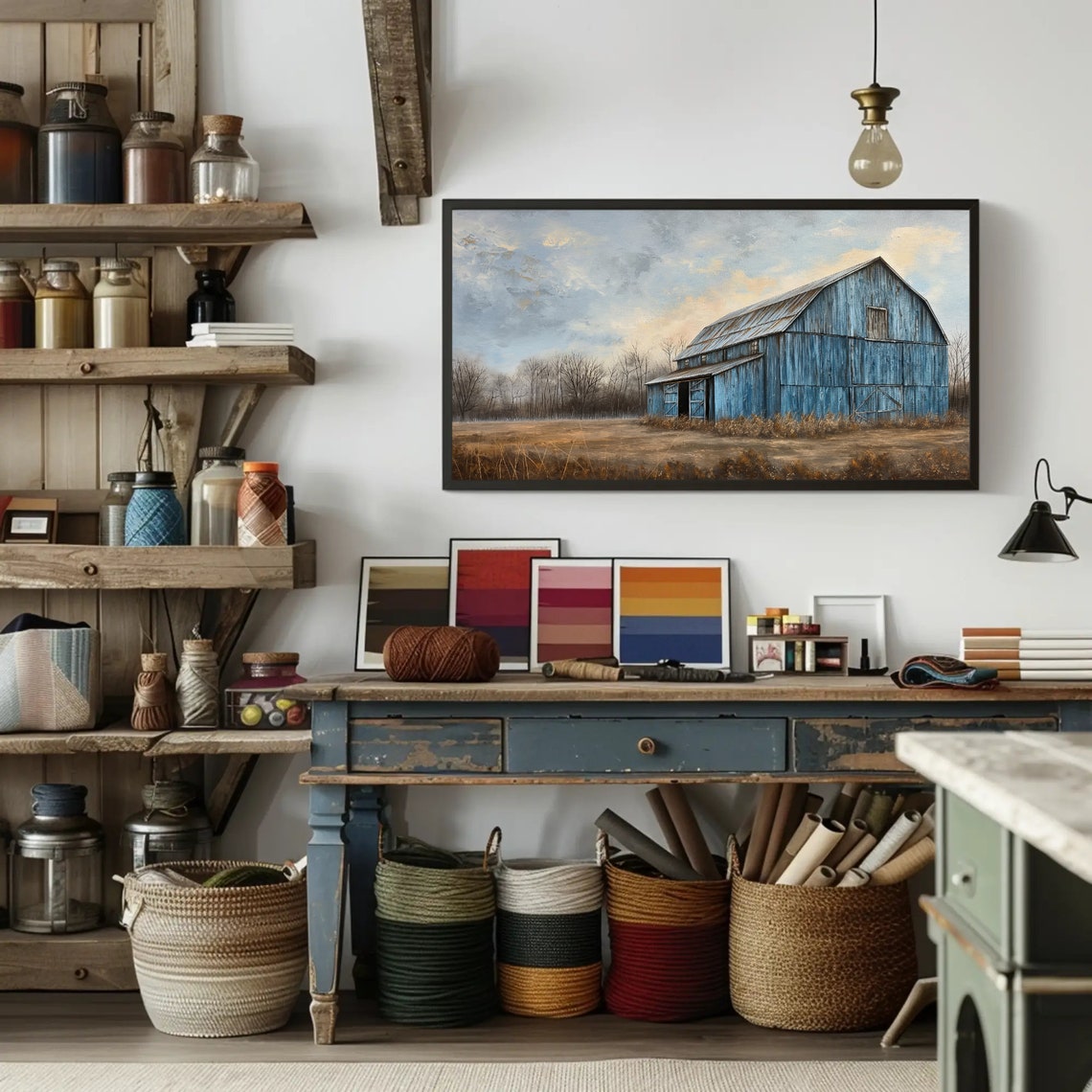 Vintage Blue Barn Standing Alone in a Rustic Country Field Poster - Image 2