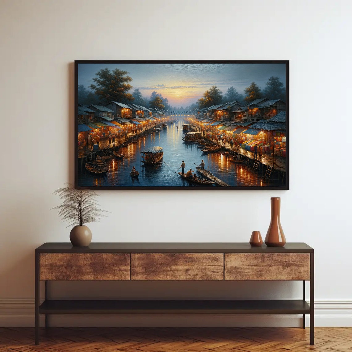Floating Market at Dusk on River Night Lights Painting Poster - Image 2