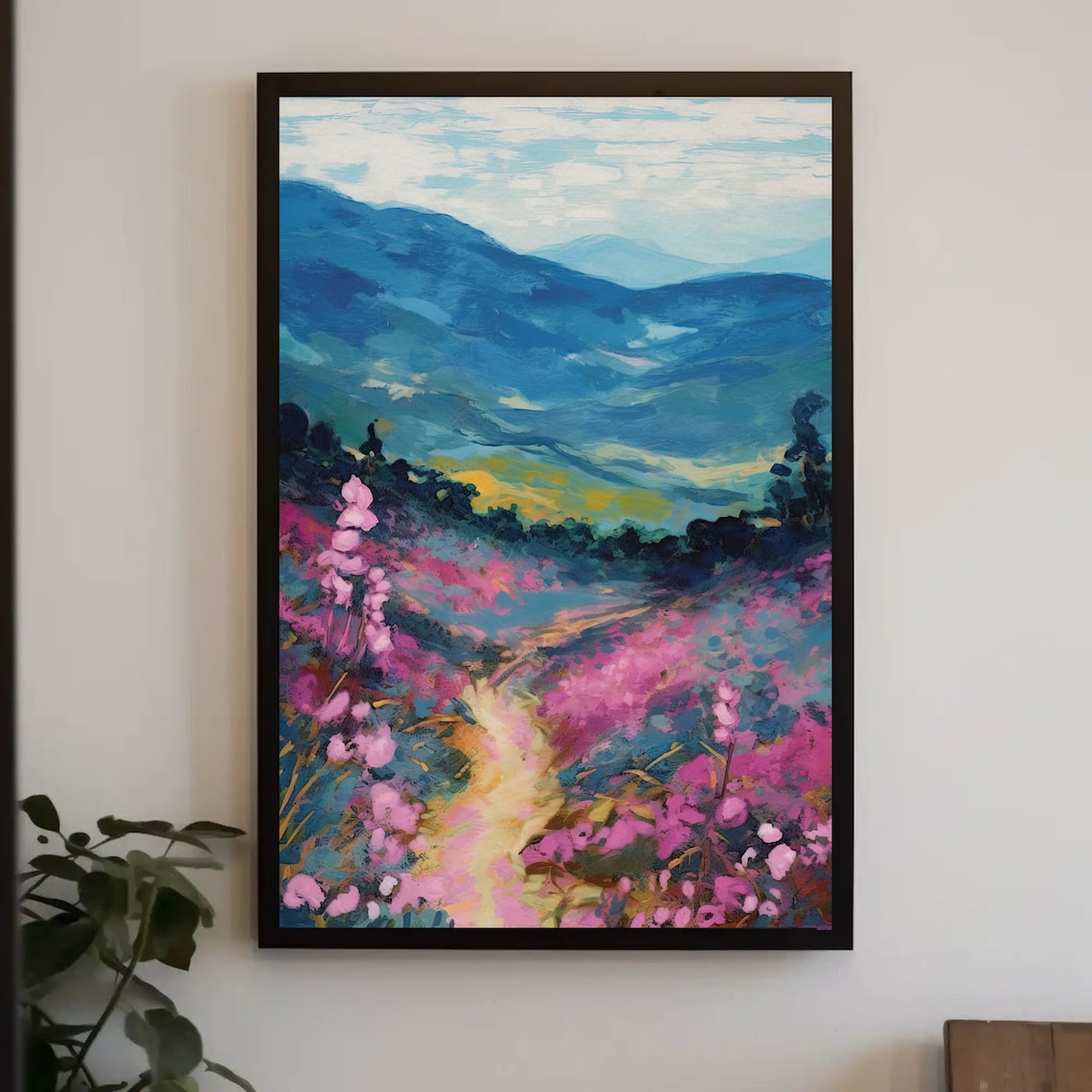 Pink Blossom Valley Trail Blue Mountain Wildflower Scene Poster