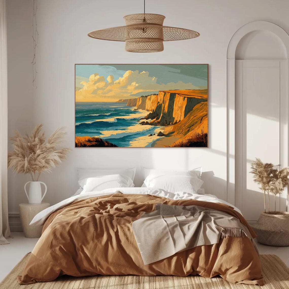 Golden Cliffs Dramatic Coastline Teal Ocean Waves Painting Poster - Image 2