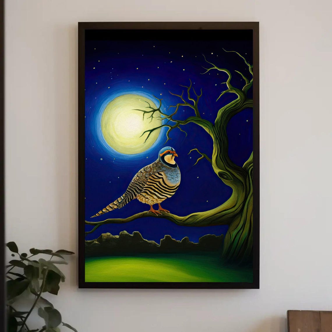 Chukar Bird Under A Full Moon Mystical Night Sky Painting Poster