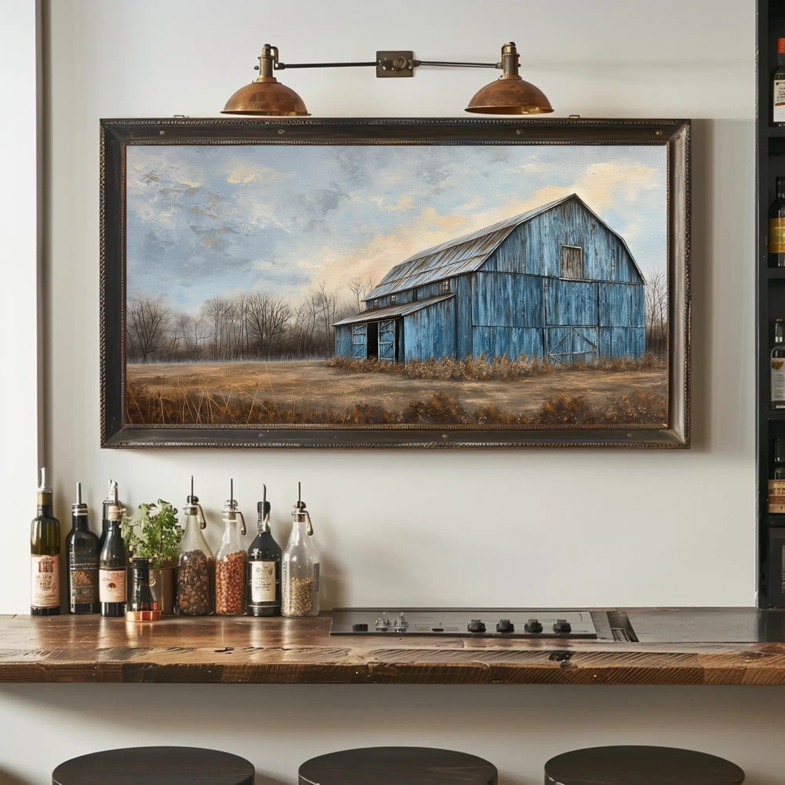 Vintage Blue Barn Standing Alone in a Rustic Country Field Poster