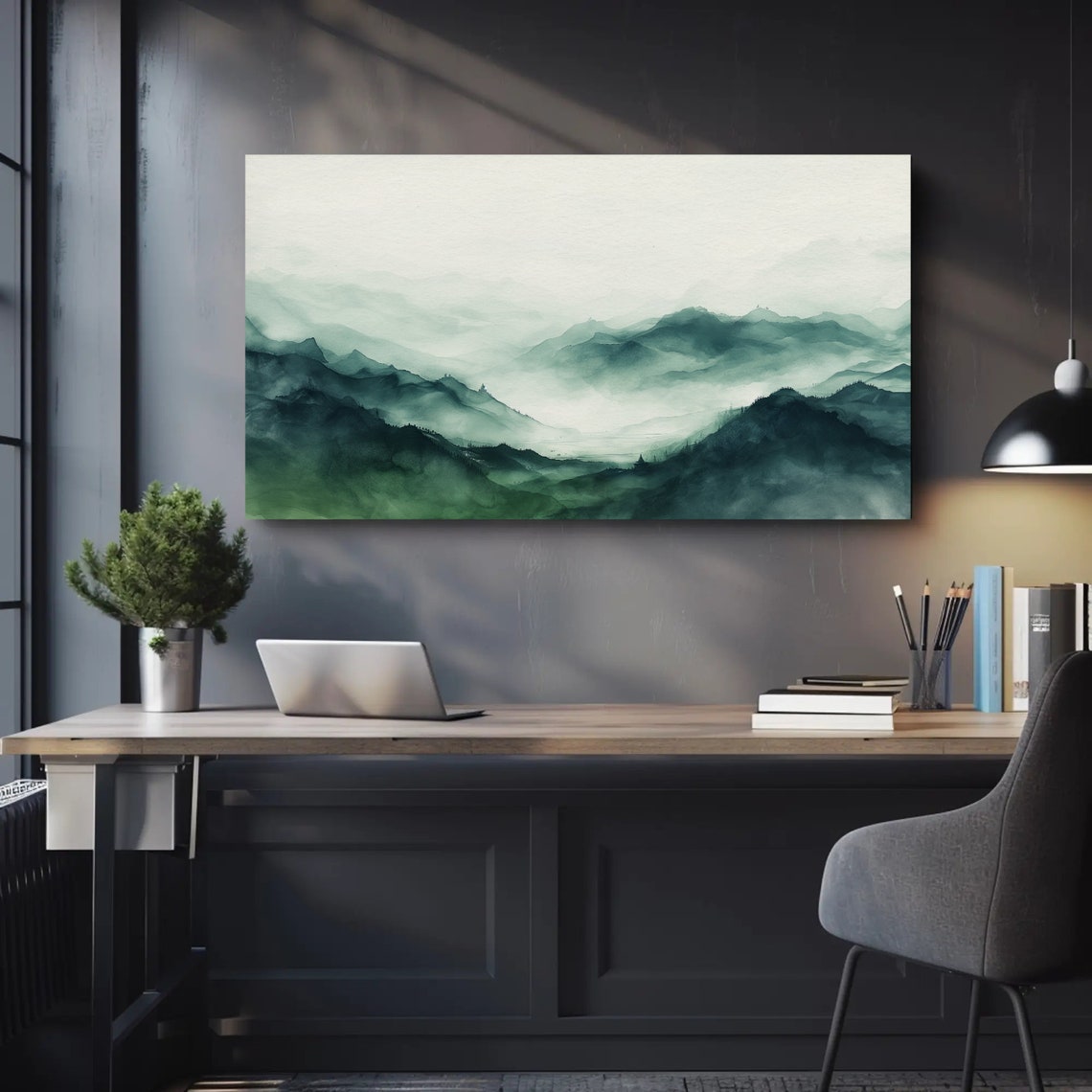 Misty Green Mountain Layers Soft Watercolor Landscape Art Poster - Image 3