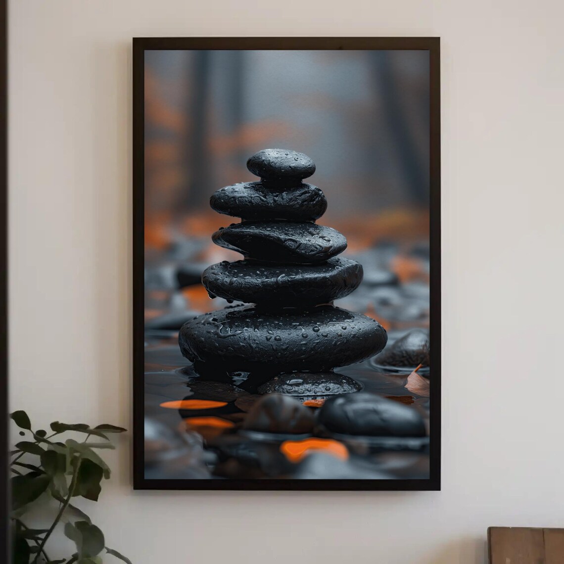 Balanced Black Zen Stones Cairn With Water Droplets Art Print