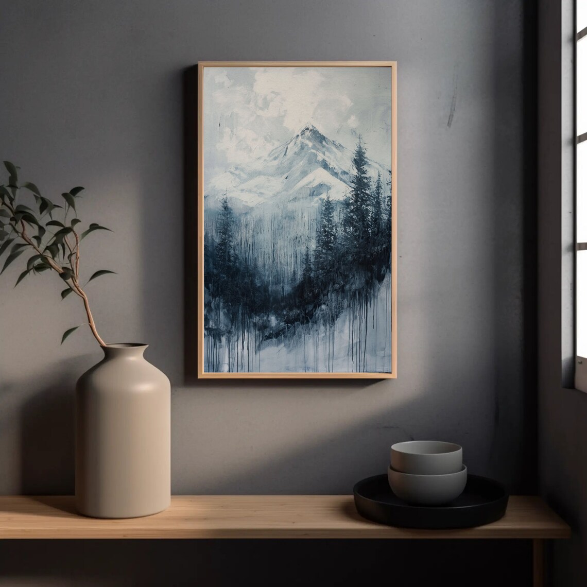 Snowy Mountain And Tall Pines Monochrome Blue Watercolor Poster - Image 4
