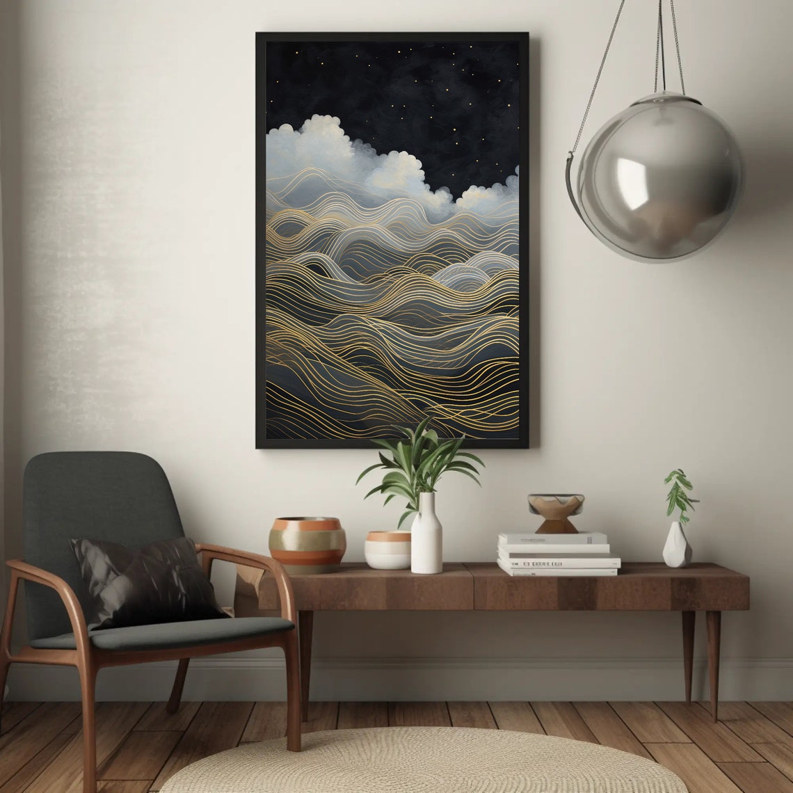 Golden Wave Lines Starry Night Sky Cloud Sea Line Art Poster - Image 4