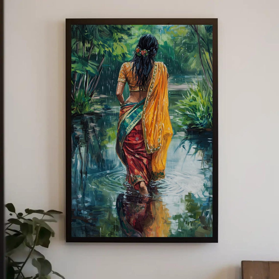Indian Women In Sarees Walking In Rain Print Vibrant Traditional Oil Painting Cultural Indian Wall Art For Living Room Or Bedroom
