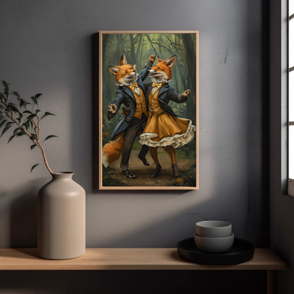 Dancing Fox Couple Vintage Costumes Misty Forest Whimsical Print - Image 2