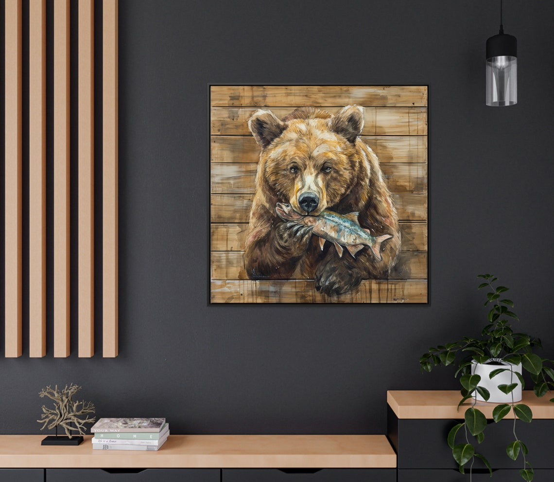 Brown Bear Holding A Fresh Fish Rustic Wood Plank Cabin Poster - Image 3