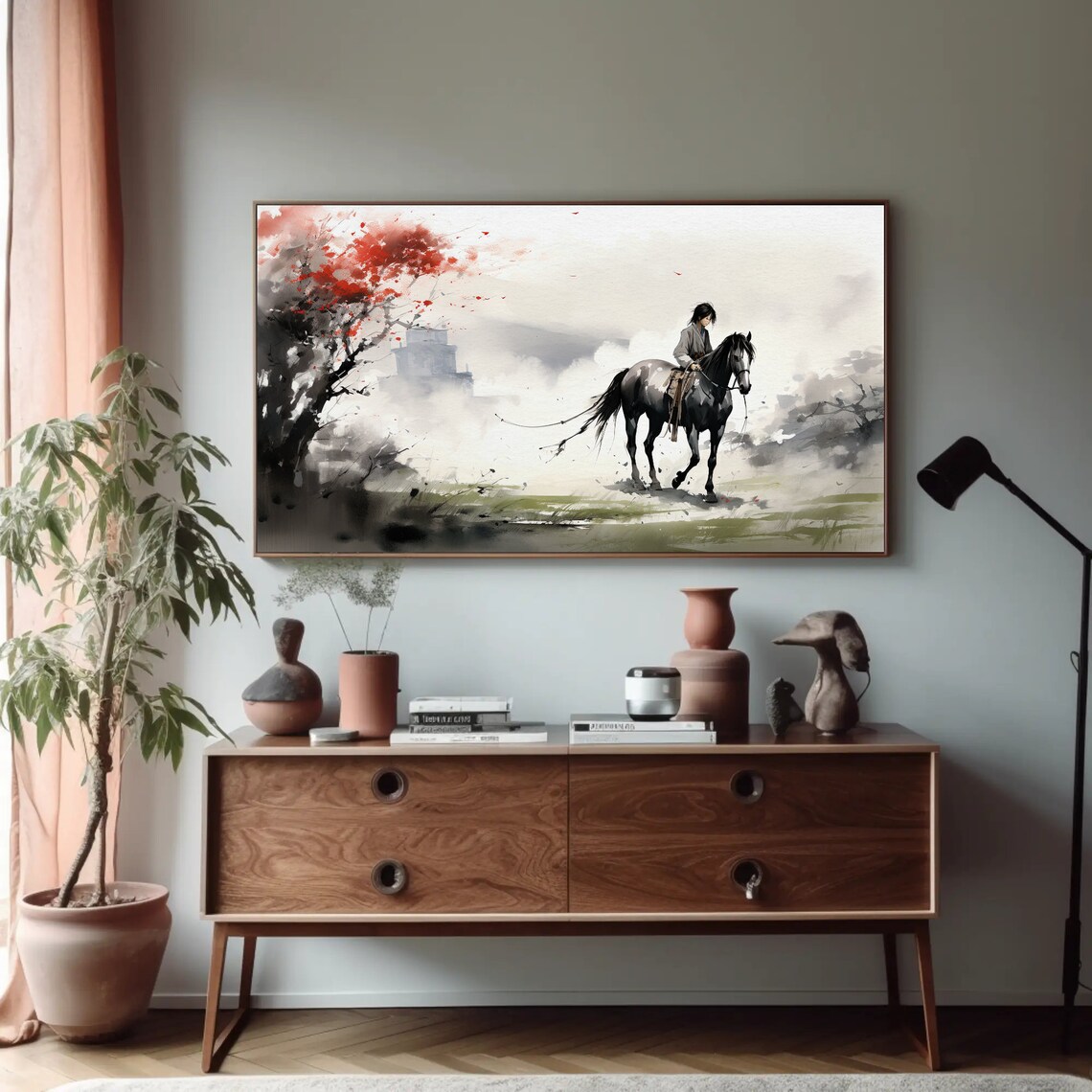 East Asian Ink Wash Horse Rider Crossing Misty Mountains Poster - Image 4
