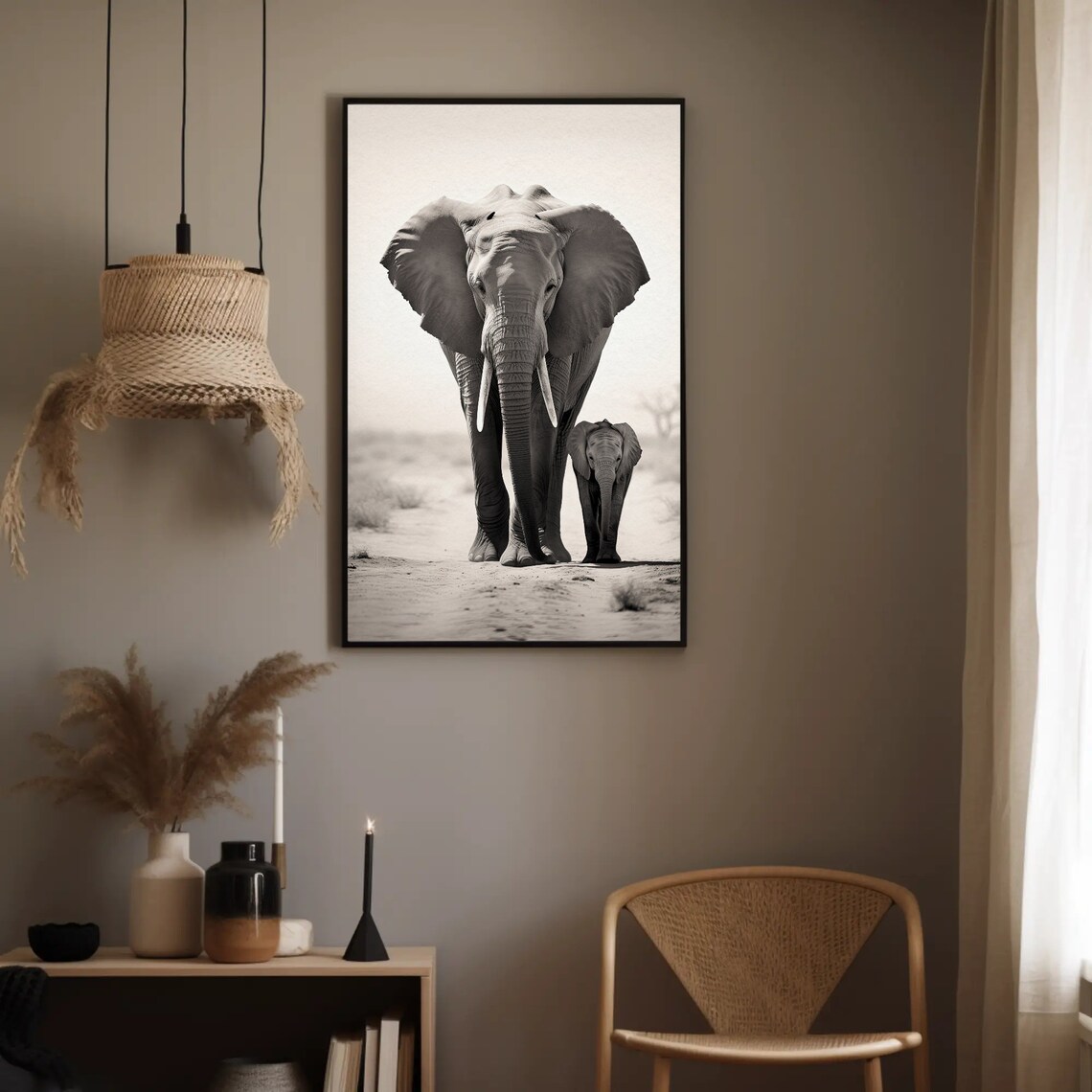 Elephant and Calf Black and White Desert Wildlife Photography Poster - Image 5
