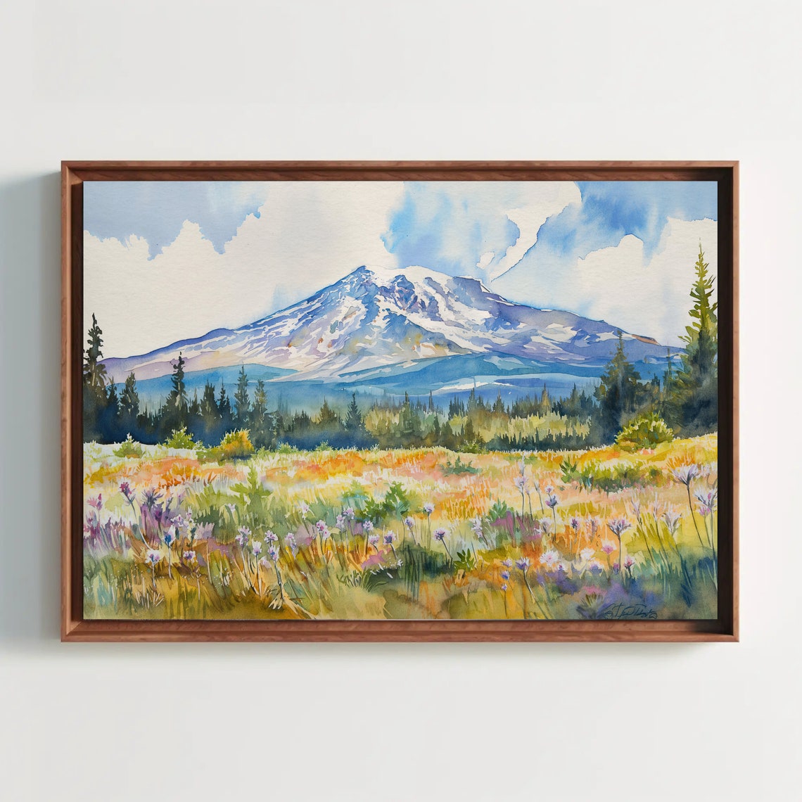 Snow-Capped Mountain Watercolor Wildflower Meadow Landscape Poster