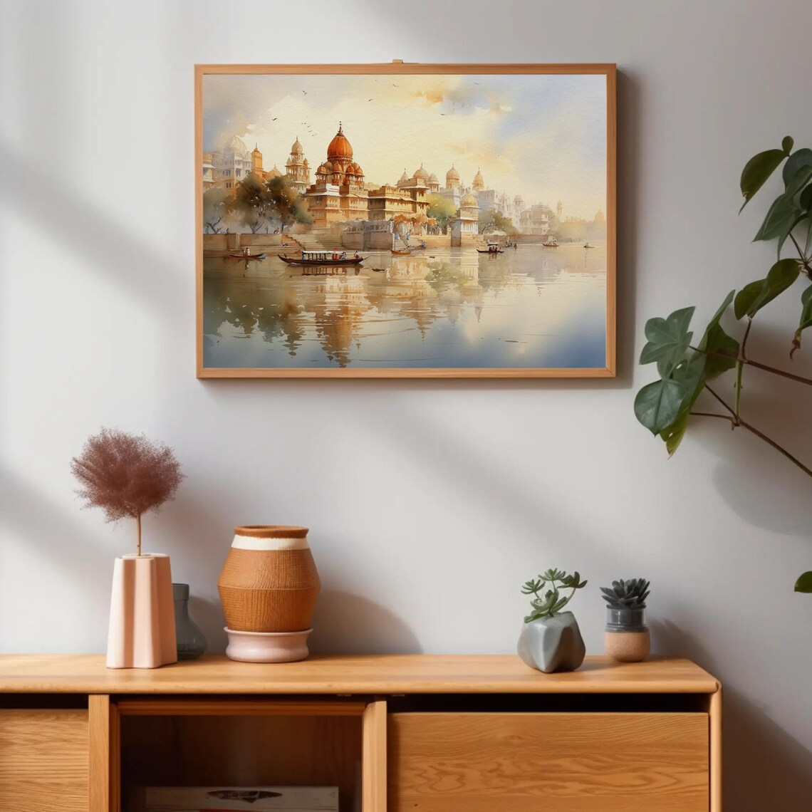 Indian Riverside Palace With Boats Watercolor Travel Art Poster - Image 5