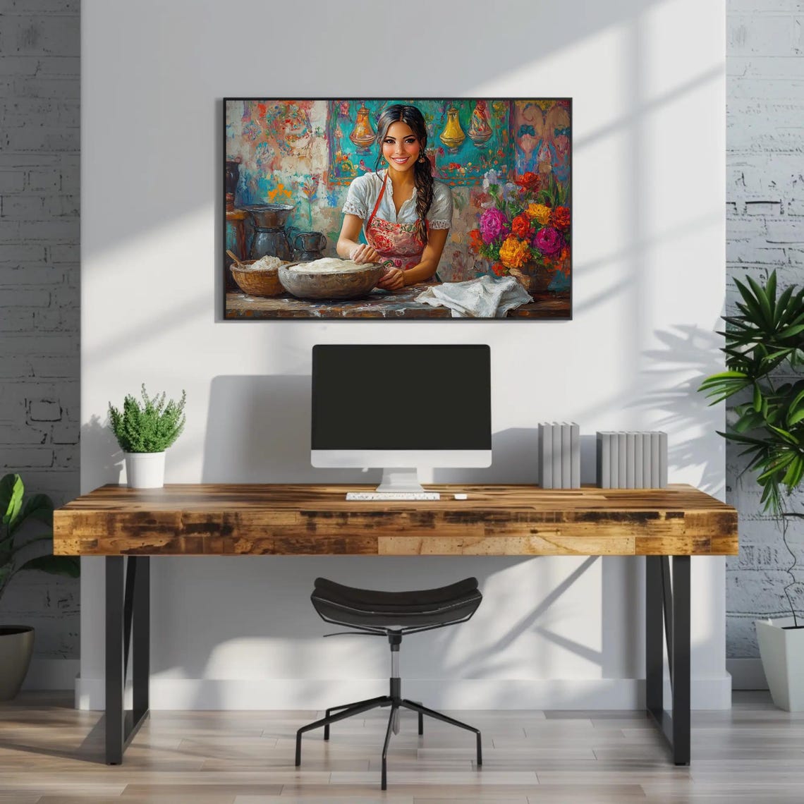 Smiling Mexican Woman Making Tortillas in a Rustic Kitchen Poster - Image 2