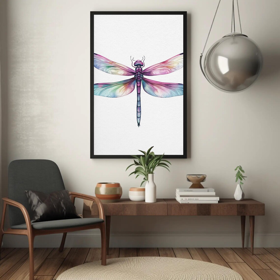 Iridescent Pink and Purple Dragonfly Watercolor on White Art Poster - Image 4