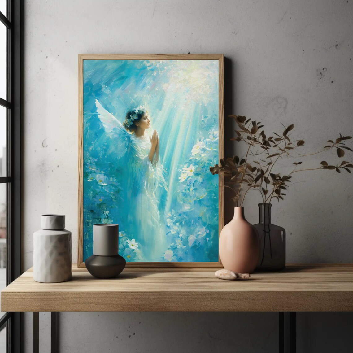 Praying Angel Bathed in Blue Heavenly Light With Flowers Poster - Image 3