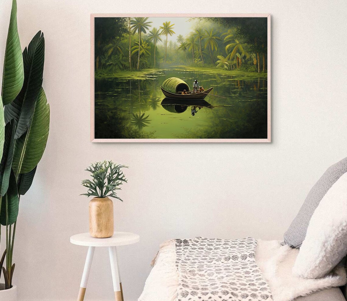 Fishing Boat In South Indian Lake Print Indian Wall Art India Oil Painting Boat In A Lake Large Print - Image 3