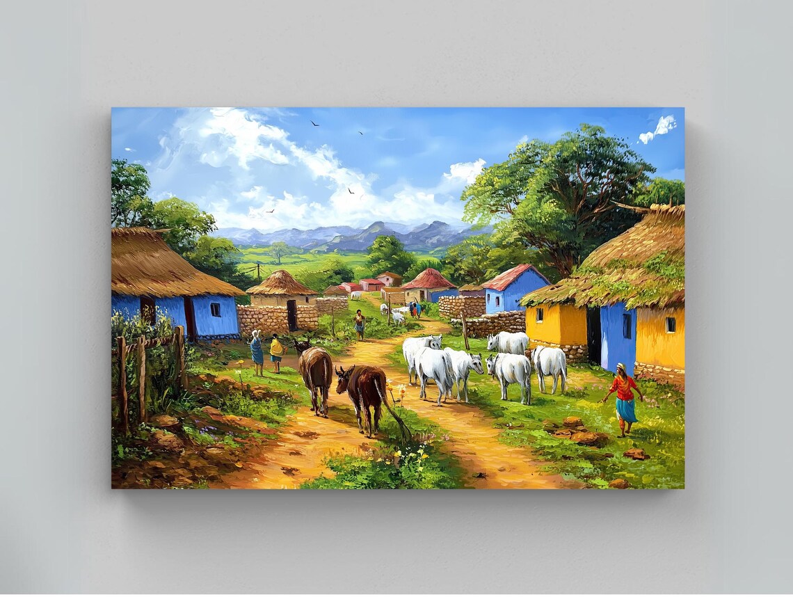 Indian Village Morning with Cattle Walking on Dirt Path Art Poster