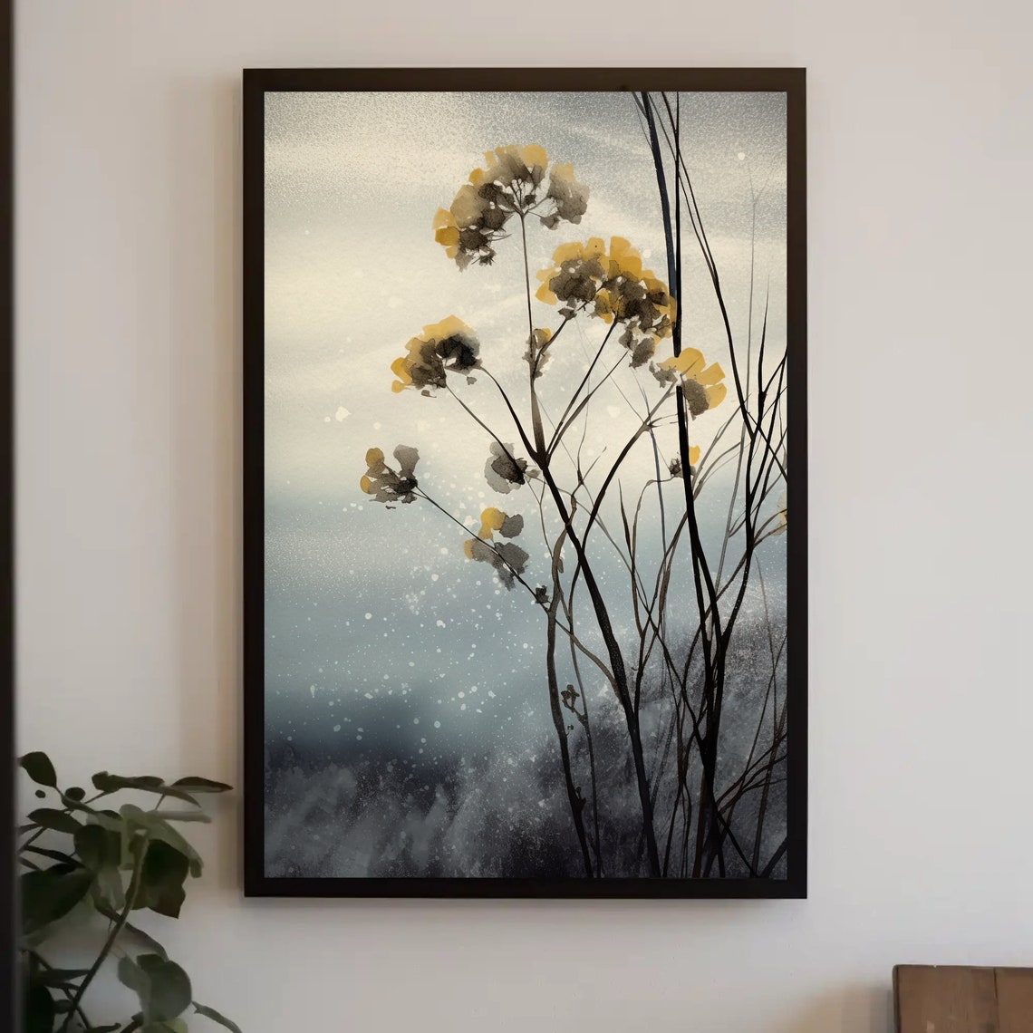 Yellow Blossom Branches Ink Wash Grey Blue Floral Art Poster