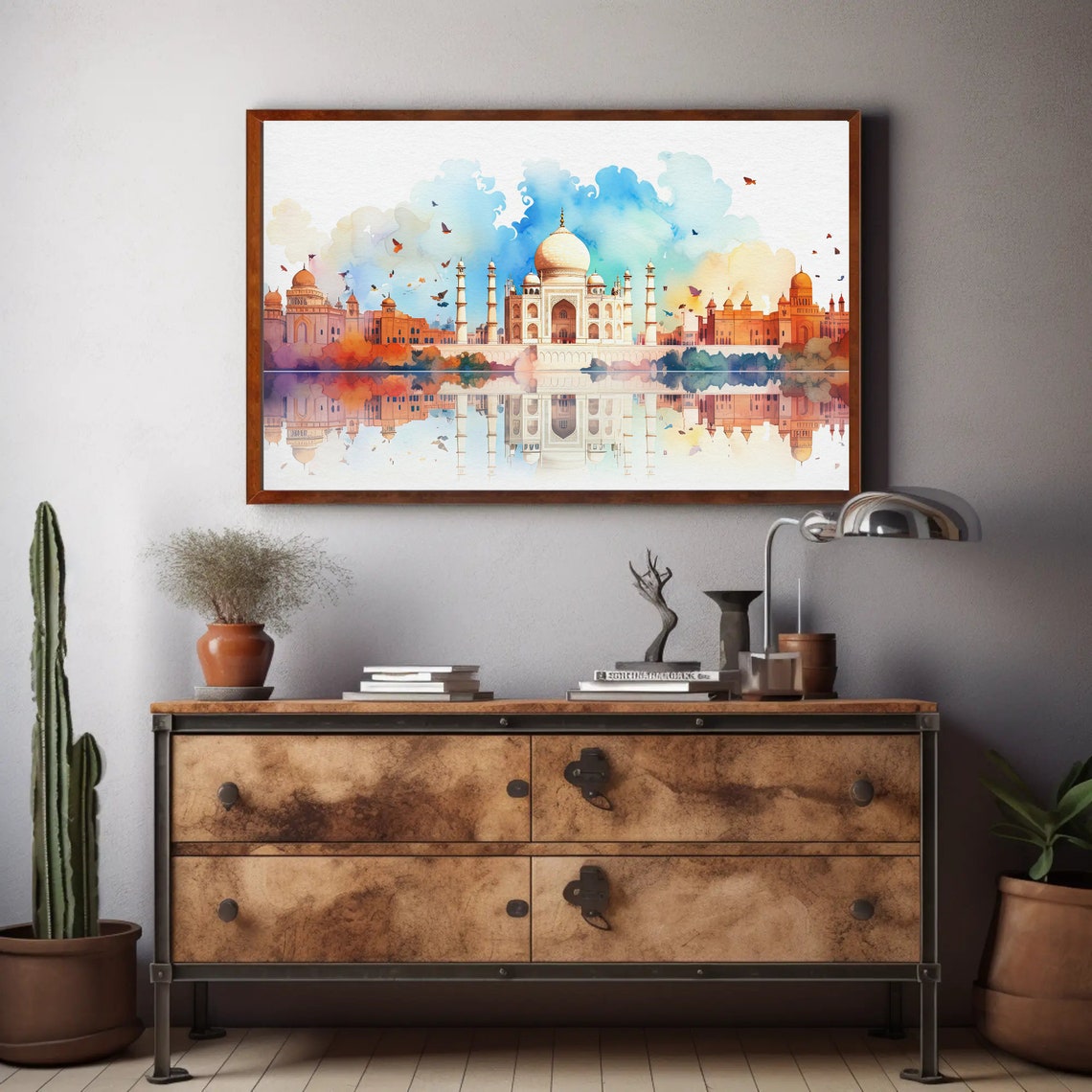 Taj Mahal Watercolor Panorama with Mirrored River Reflection Print - Image 2
