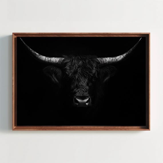 Black Highland Cow Print Rustic Farmhouse Wall Art Moody Cattle Portrait For Country Or Western Home Decor