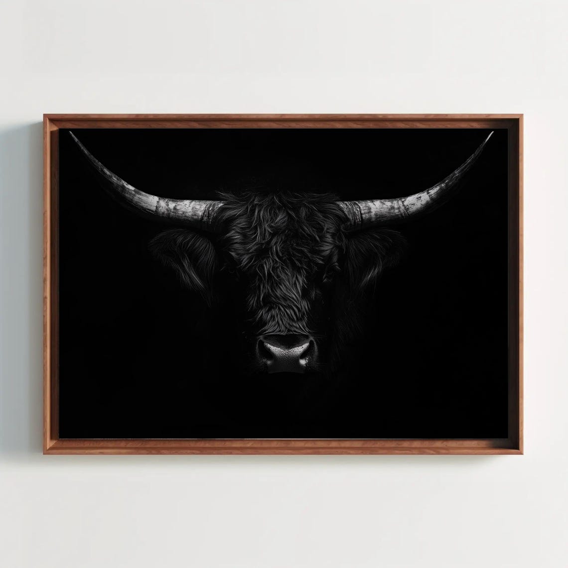 Moody Black Highland Cow Portrait on a Dark Background Poster